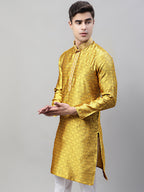 Jompers Men's Mustard Jacquard Silk Collar Embroidered Kurta