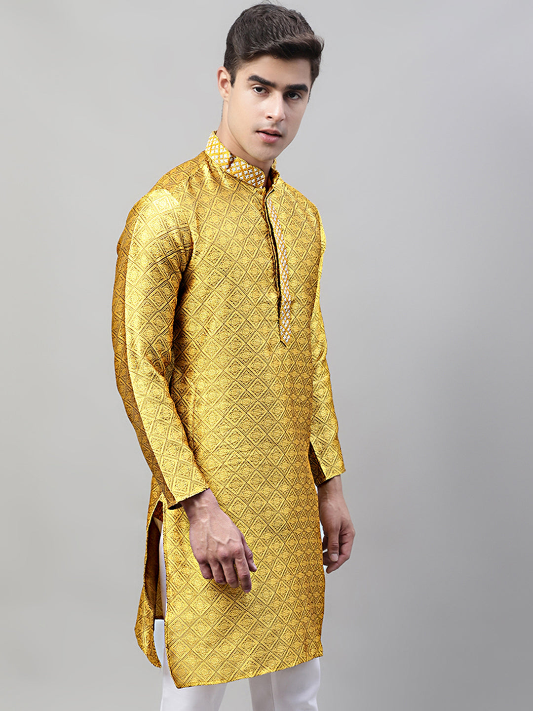 Jompers Men's Mustard Jacquard Silk Collar Embroidered Kurta