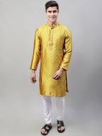Jompers Men's Mustard Jacquard Silk Collar Embroidered Kurta