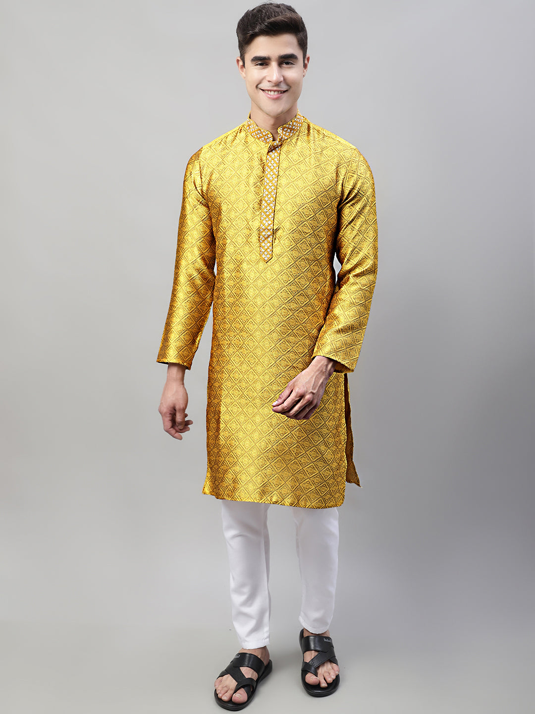 Jompers Men's Mustard Jacquard Silk Collar Embroidered Kurta