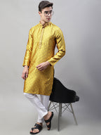 Jompers Men's Mustard Jacquard Silk Collar Embroidered Kurta
