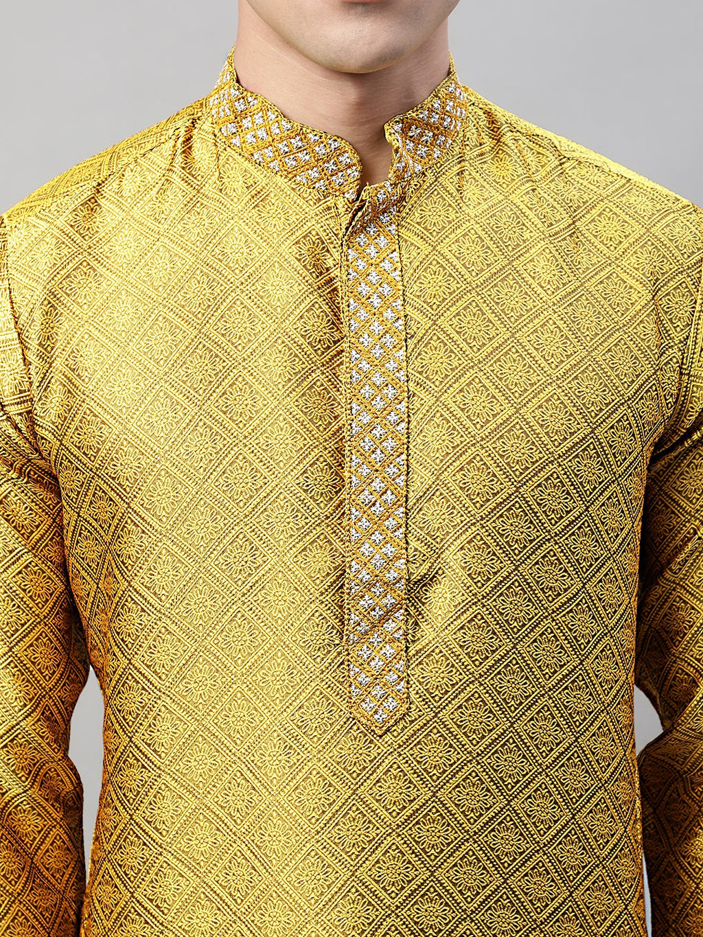 Jompers Men's Mustard Jacquard Silk Collar Embroidered Kurta
