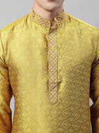 Jompers Men's Mustard Jacquard Silk Collar Embroidered Kurta