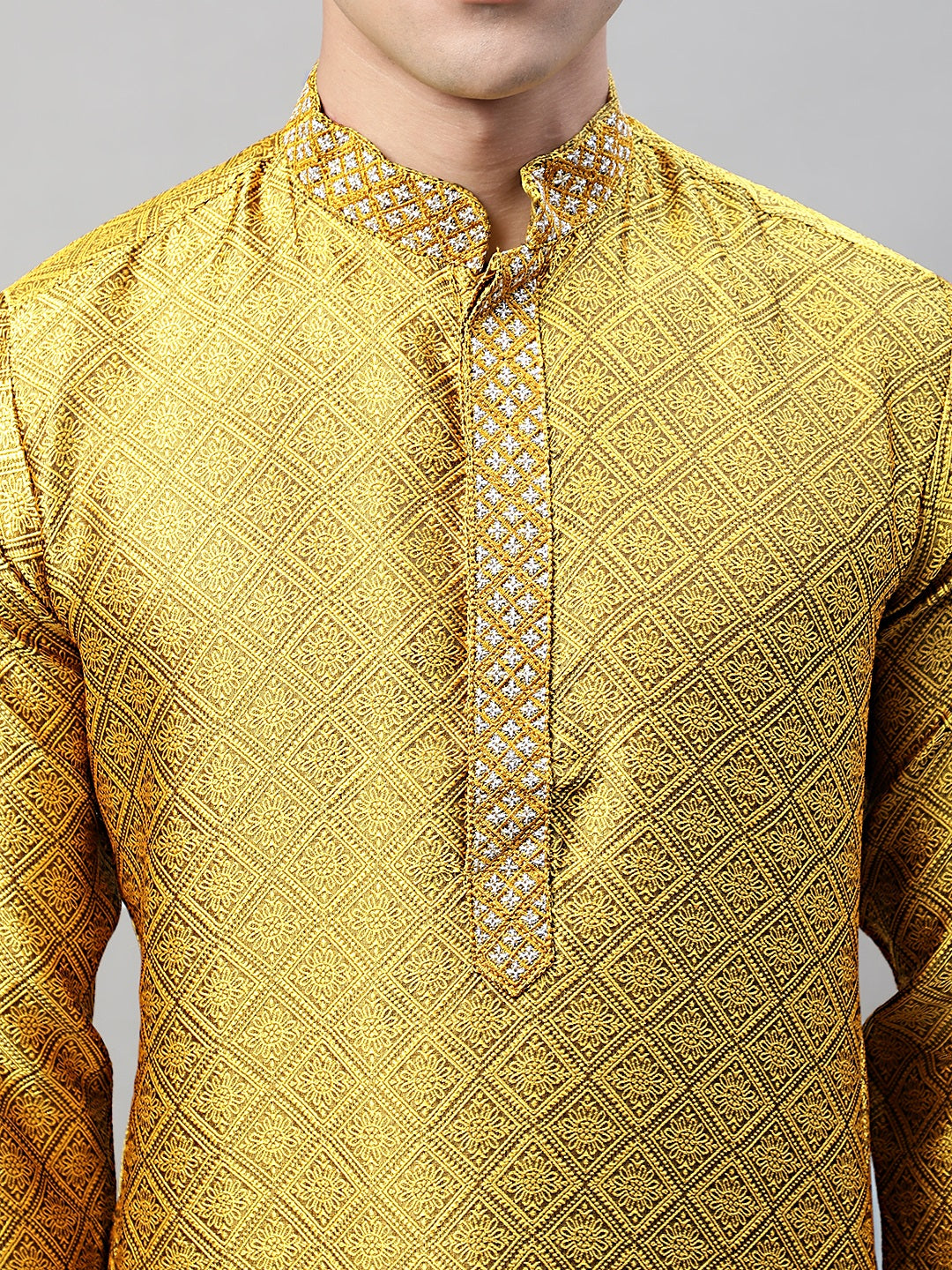 Jompers Men's Mustard Jacquard Silk Collar Embroidered Kurta