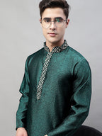 Jompers Men's Olive Green Jacquard Silk Collar Embroidered Kurta