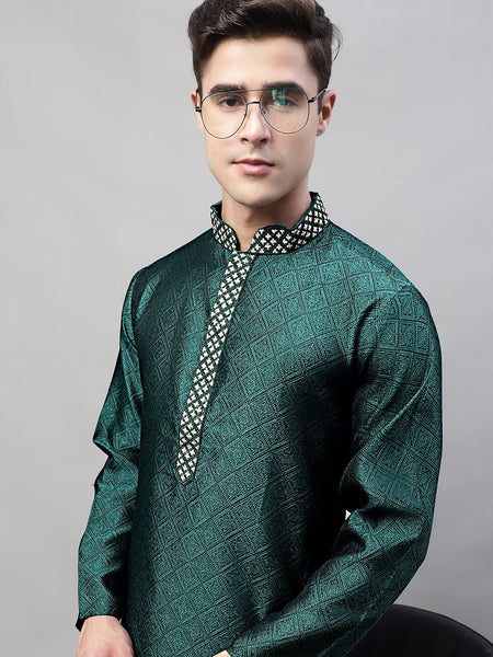 Jompers Men's Olive Green Jacquard Silk Collar Embroidered Kurta
