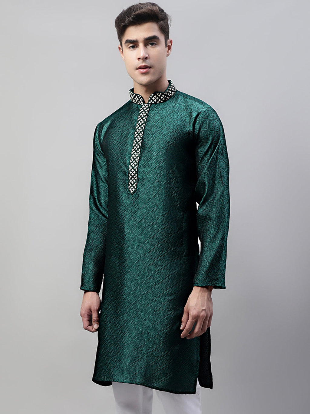 Jompers Men's Olive Green Jacquard Silk Collar Embroidered Kurta