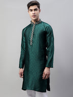 Jompers Men's Olive Green Jacquard Silk Collar Embroidered Kurta