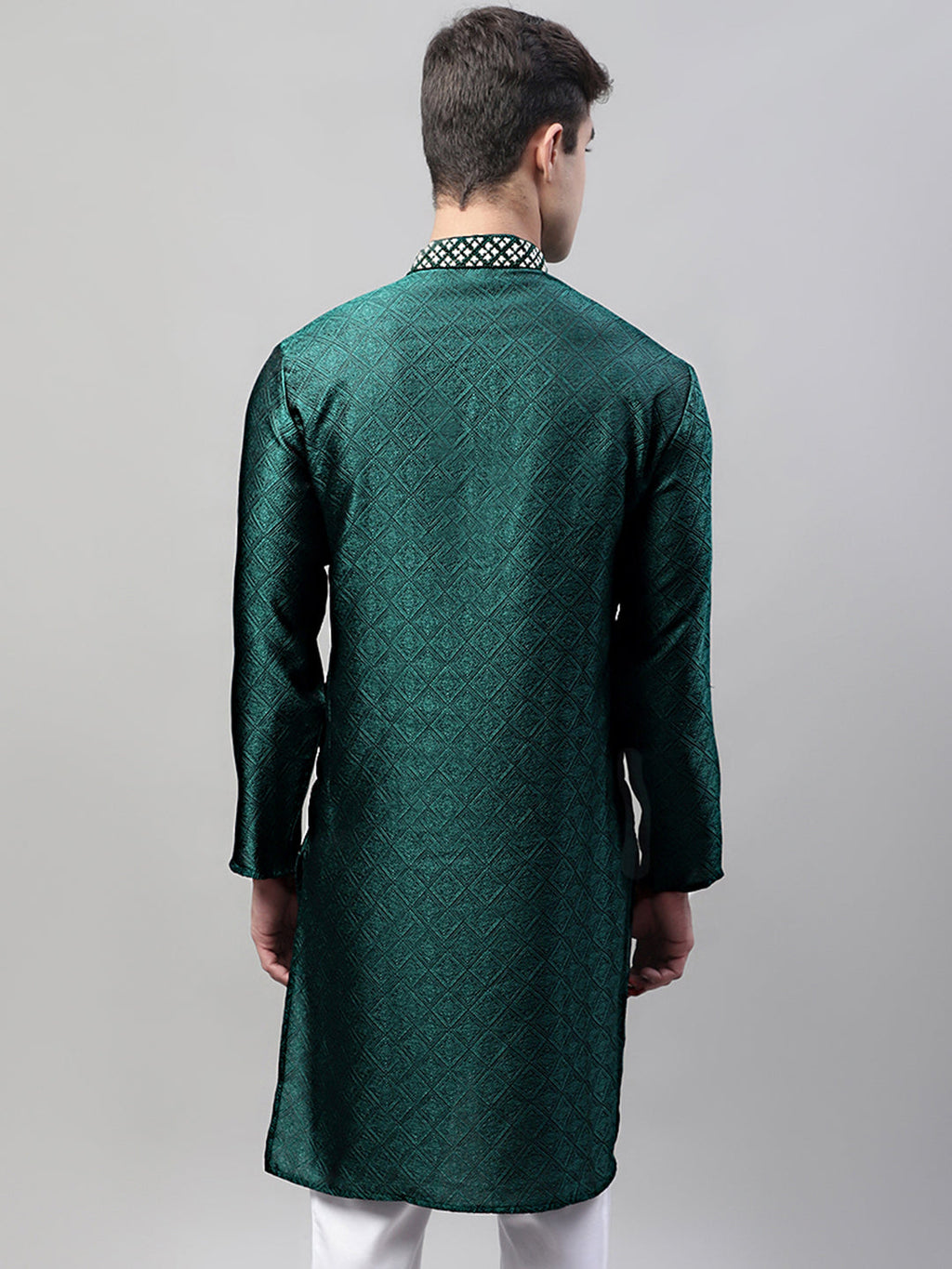 Jompers Men's Olive Green Jacquard Silk Collar Embroidered Kurta