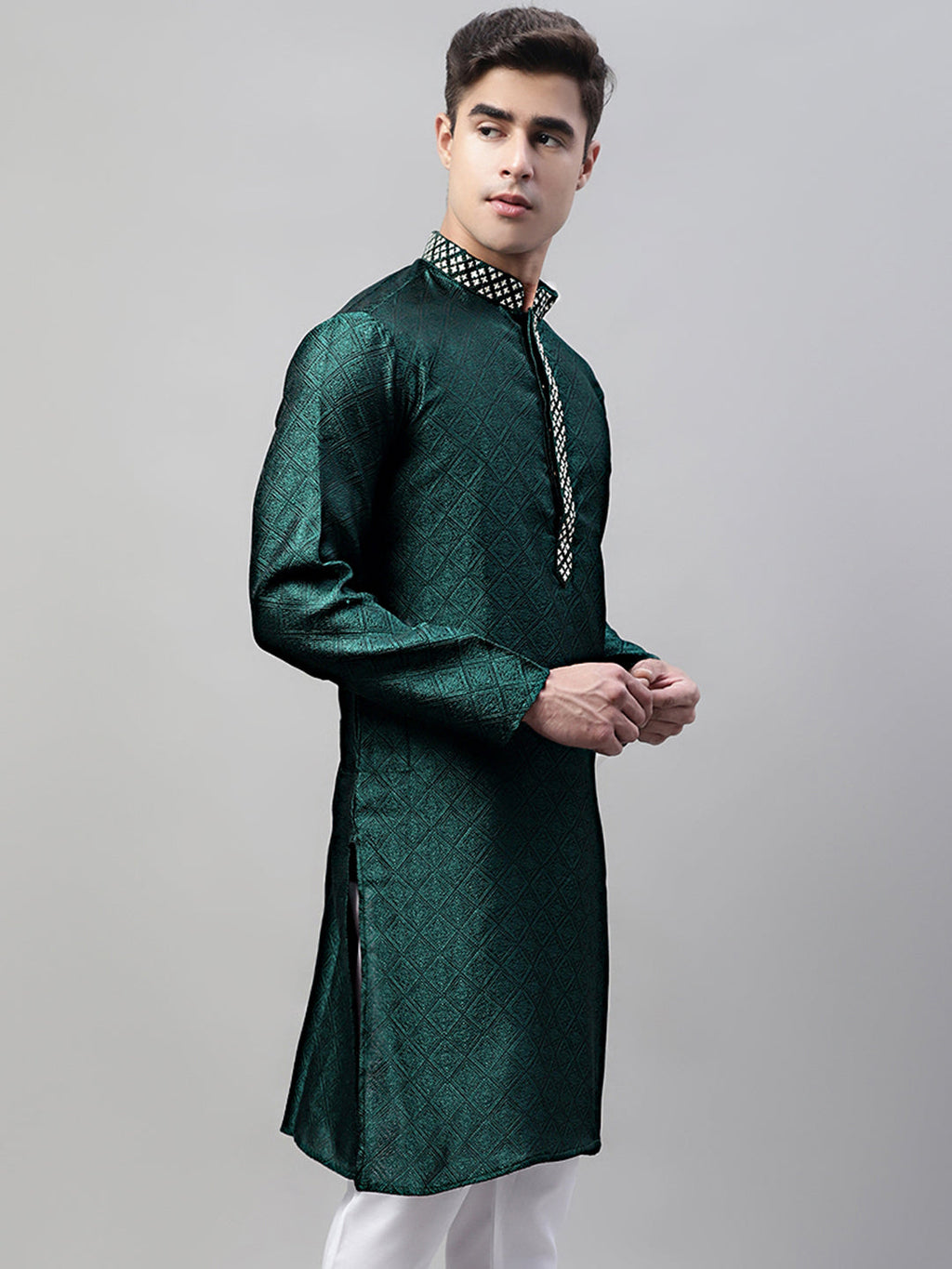 Jompers Men's Olive Green Jacquard Silk Collar Embroidered Kurta