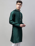 Jompers Men's Olive Green Jacquard Silk Collar Embroidered Kurta