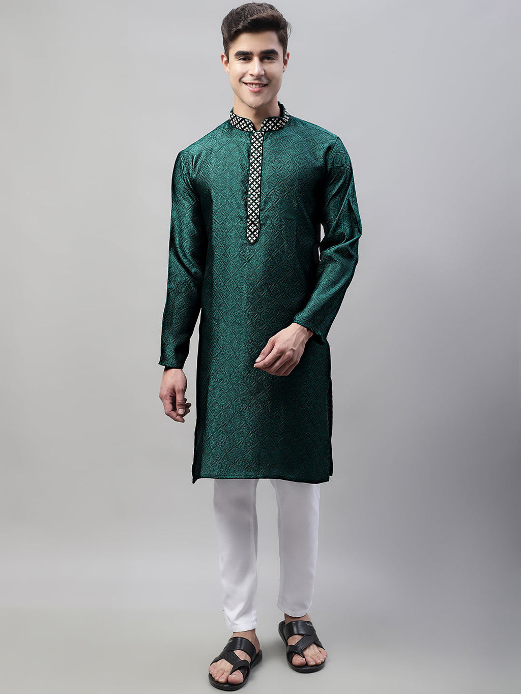 Jompers Men's Olive Green Jacquard Silk Collar Embroidered Kurta