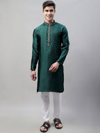 Jompers Men's Olive Green Jacquard Silk Collar Embroidered Kurta