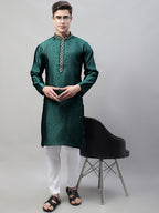 Jompers Men's Olive Green Jacquard Silk Collar Embroidered Kurta