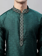 Jompers Men's Olive Green Jacquard Silk Collar Embroidered Kurta