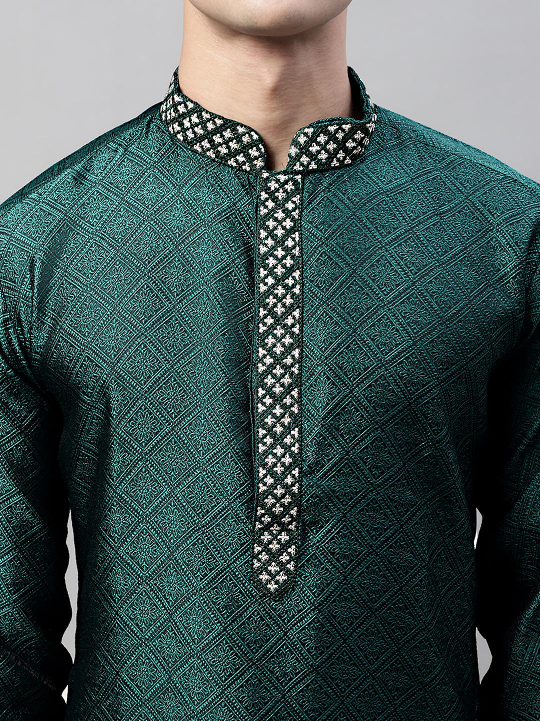 Jompers Men's Olive Green Jacquard Silk Collar Embroidered Kurta
