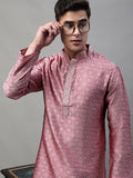 Jompers Men's Pink Jacquard Silk Collar Embroidered Kurta