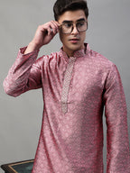 Jompers Men's Pink Jacquard Silk Collar Embroidered Kurta
