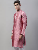 Jompers Men's Pink Jacquard Silk Collar Embroidered Kurta