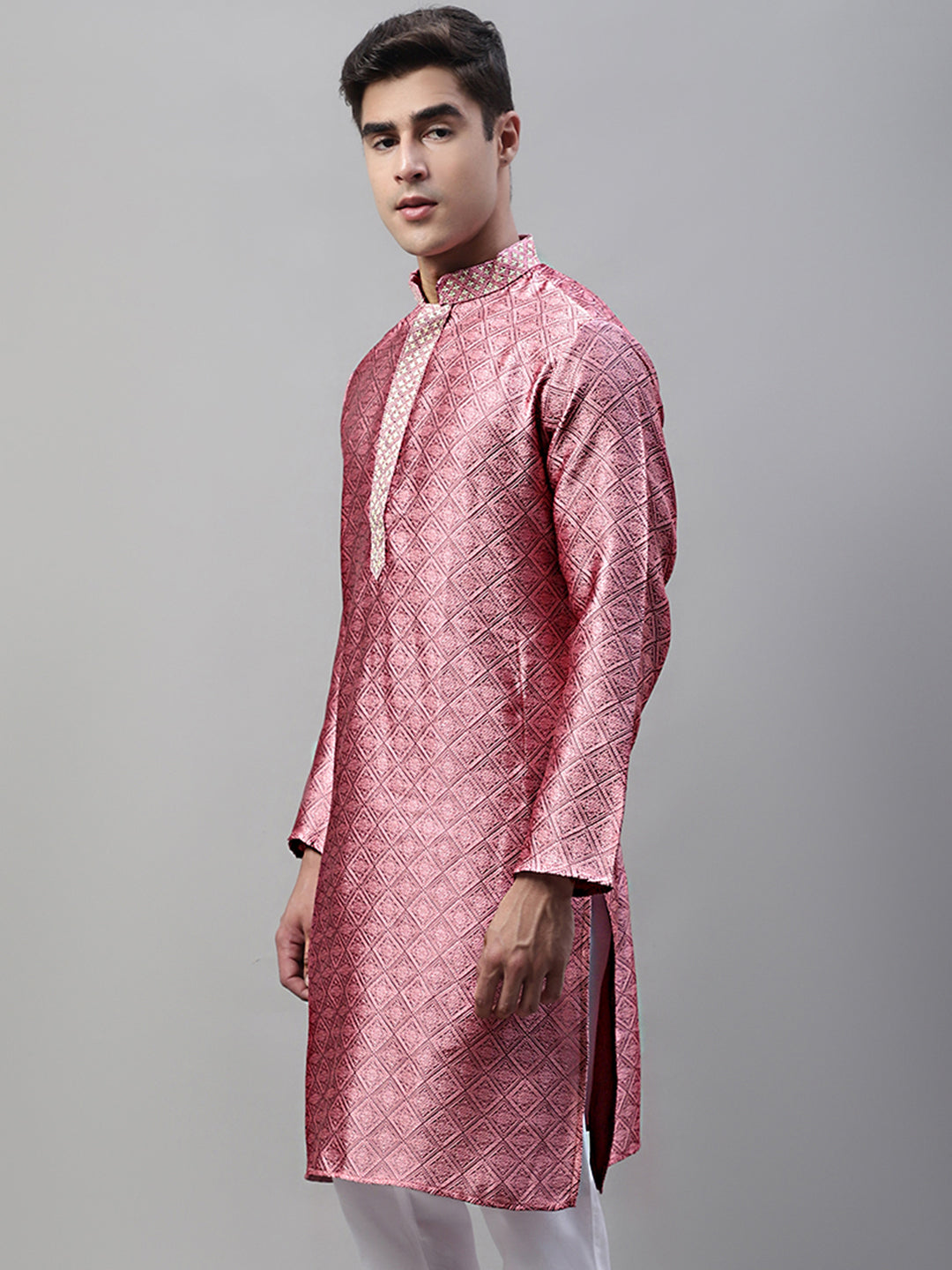 Jompers Men's Pink Jacquard Silk Collar Embroidered Kurta