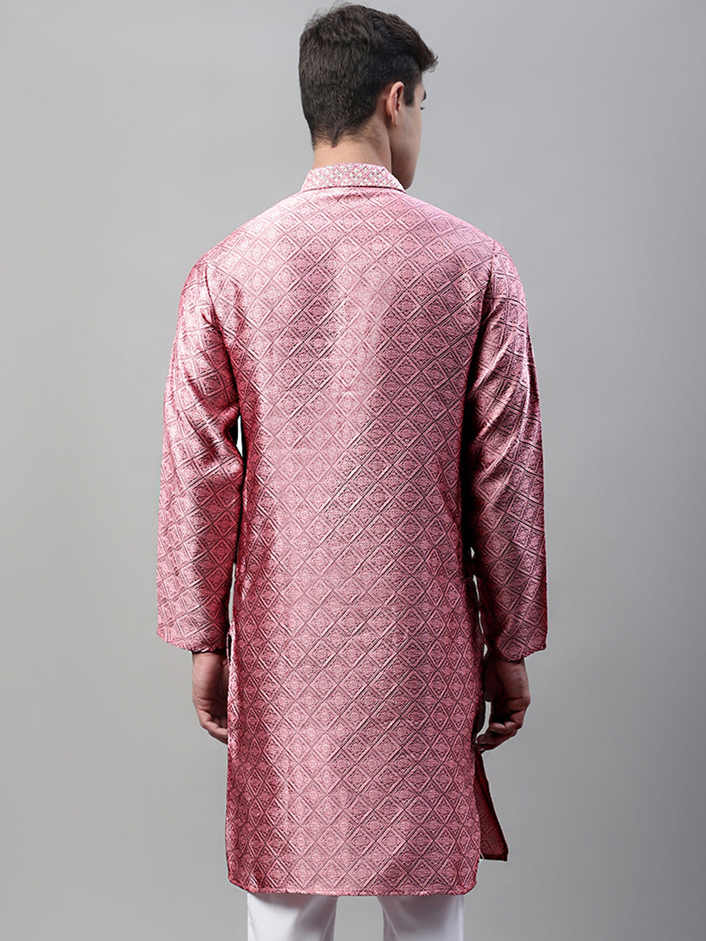 Jompers Men's Pink Jacquard Silk Collar Embroidered Kurta