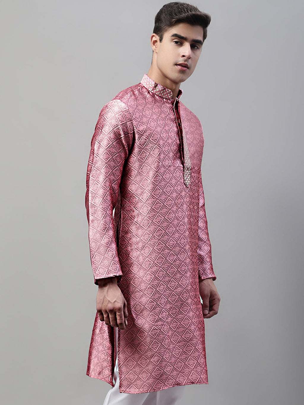 Jompers Men's Pink Jacquard Silk Collar Embroidered Kurta