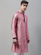 Jompers Men's Pink Jacquard Silk Collar Embroidered Kurta