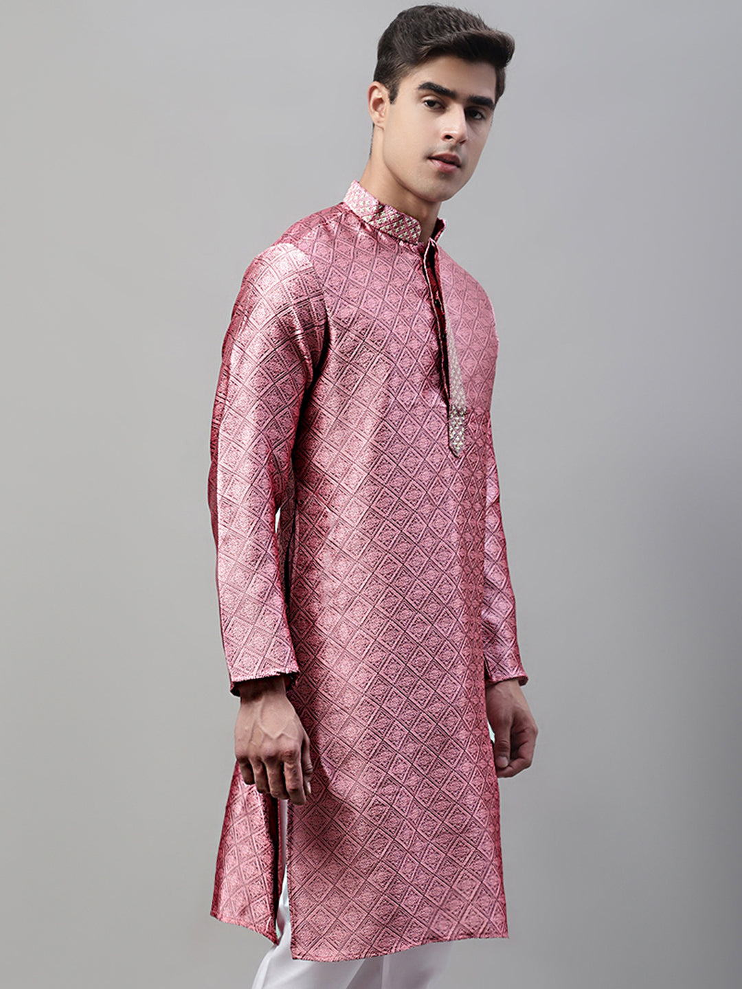 Jompers Men's Pink Jacquard Silk Collar Embroidered Kurta