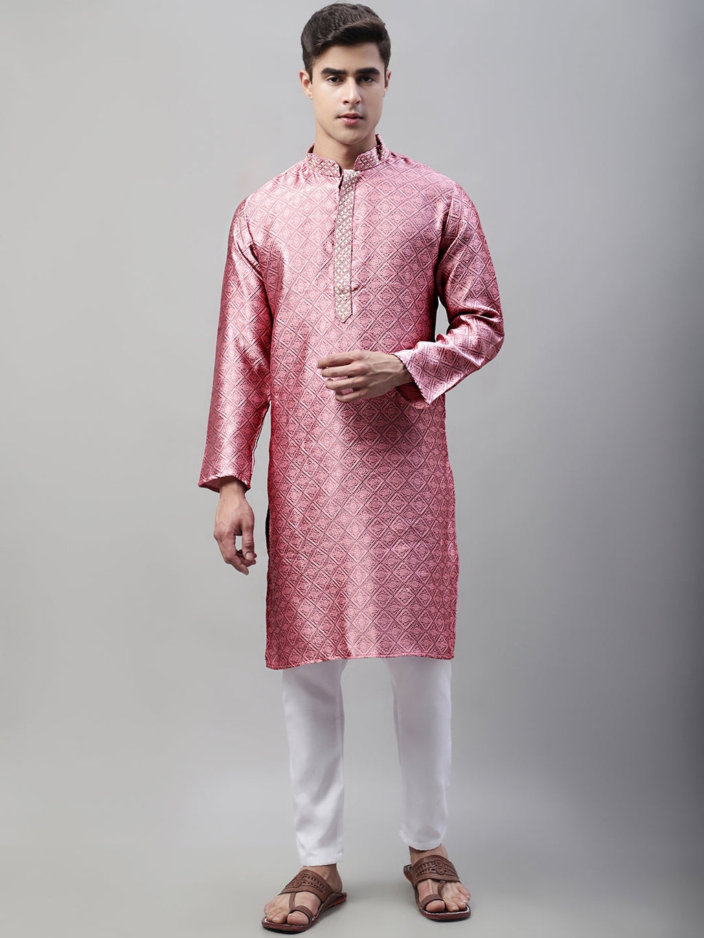 Jompers Men's Pink Jacquard Silk Collar Embroidered Kurta