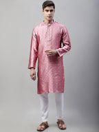 Jompers Men's Pink Jacquard Silk Collar Embroidered Kurta