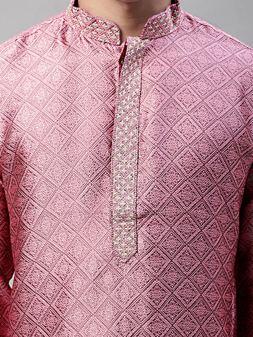 Jompers Men's Pink Jacquard Silk Collar Embroidered Kurta