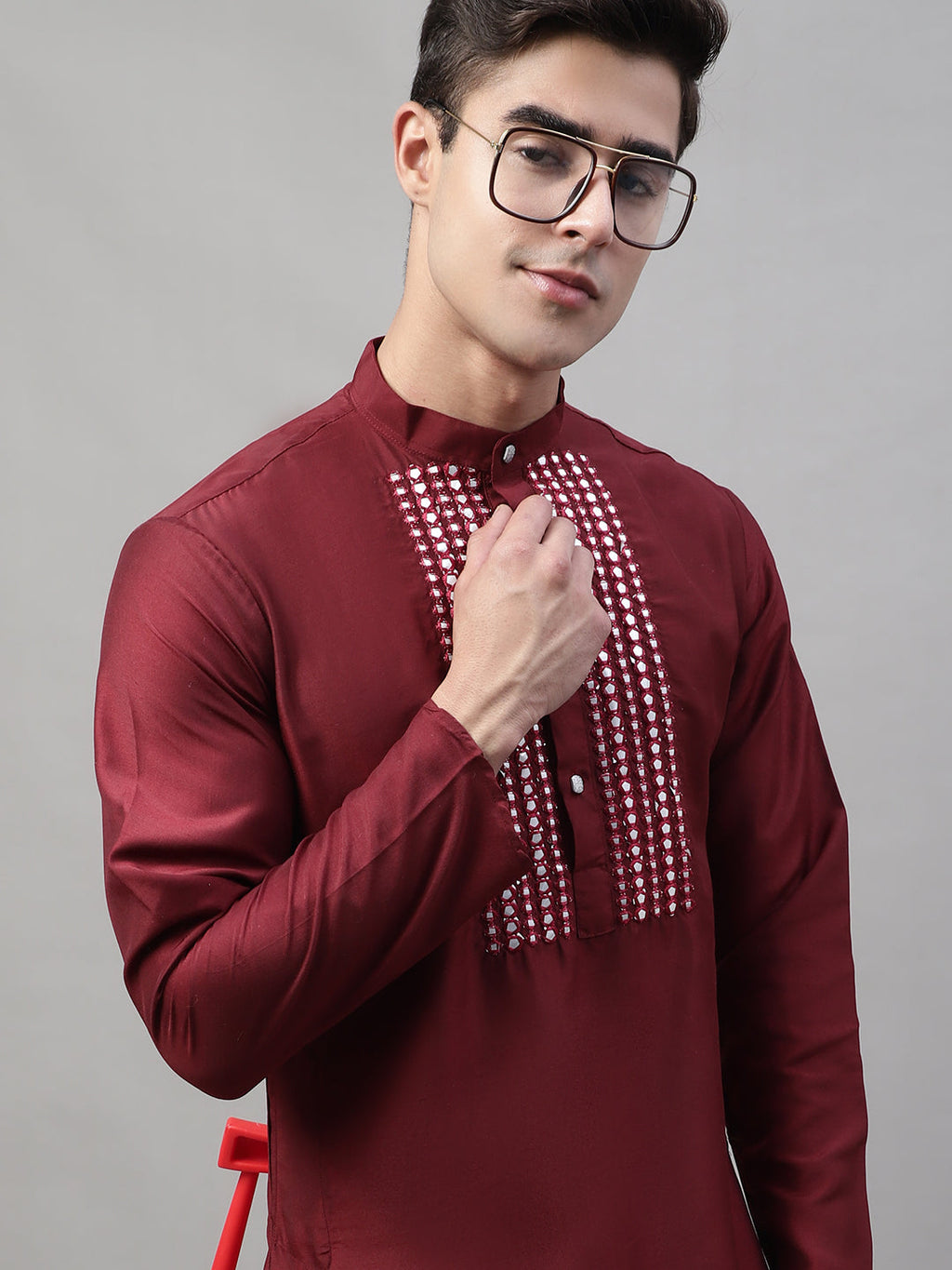 Jompers Men's Maroon Cotton Silk Mirror Work Kurta