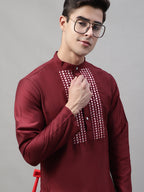 Jompers Men's Maroon Cotton Silk Mirror Work Kurta
