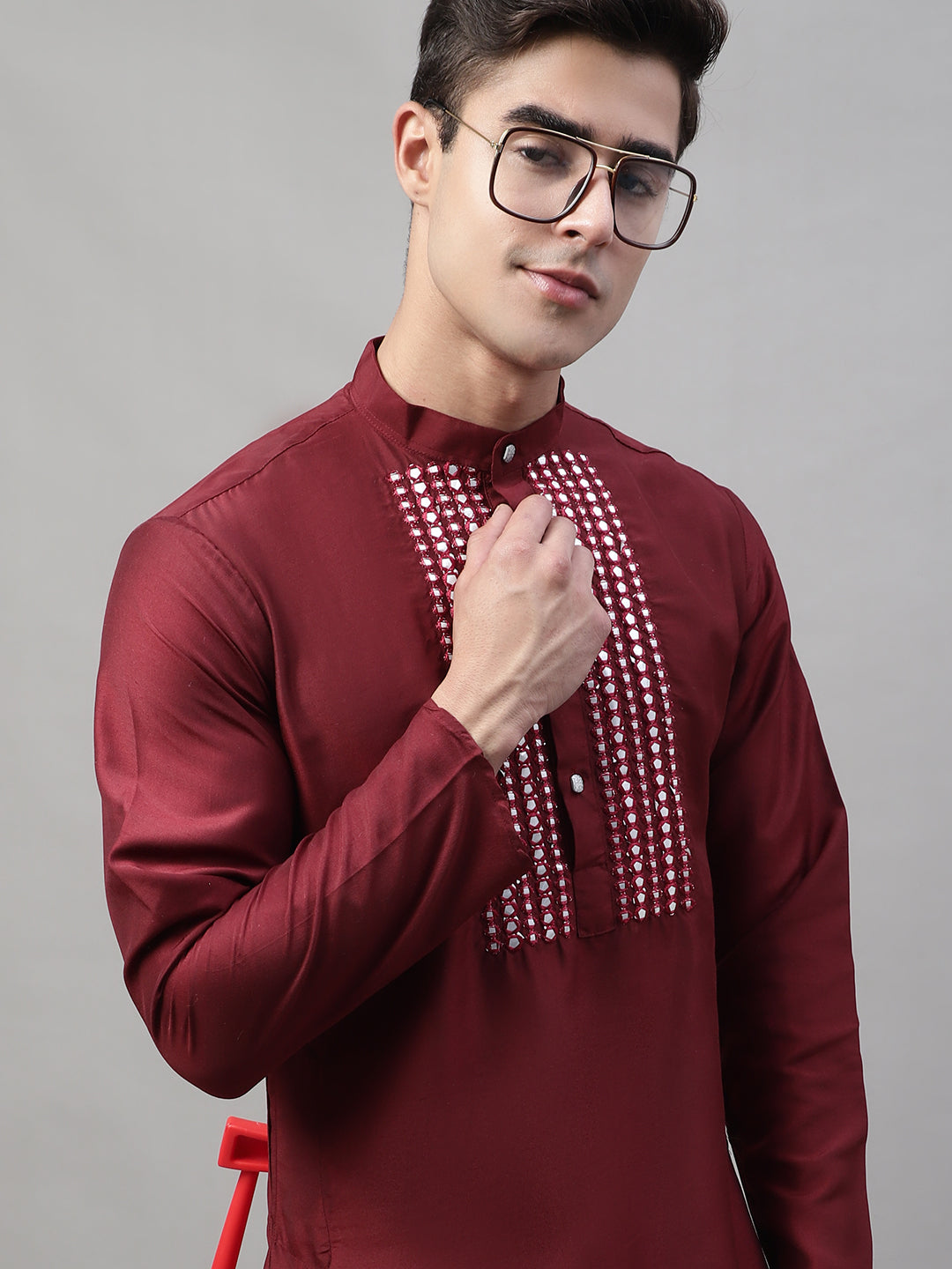 Jompers Men's Maroon Cotton Silk Mirror Work Kurta