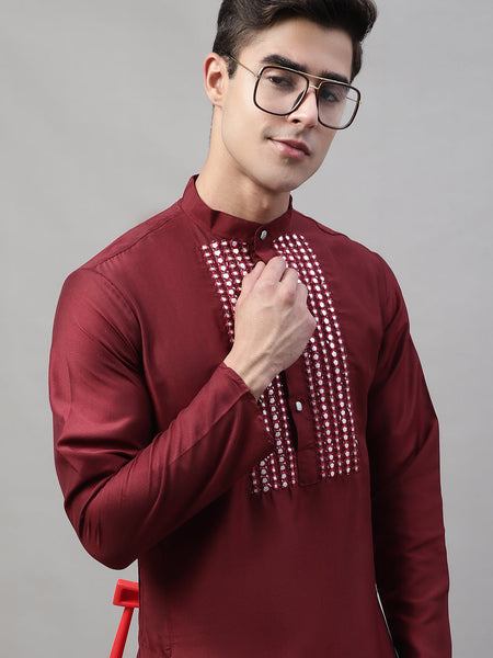 Jompers Men's Maroon Cotton Silk Mirror Work Kurta