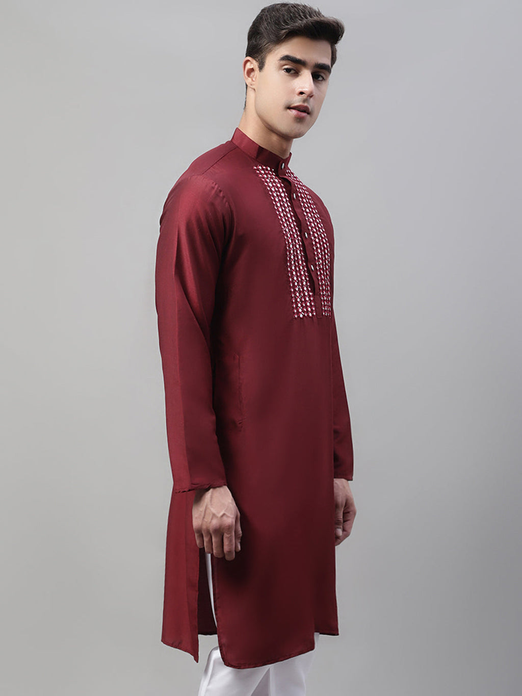 Jompers Men's Maroon Cotton Silk Mirror Work Kurta