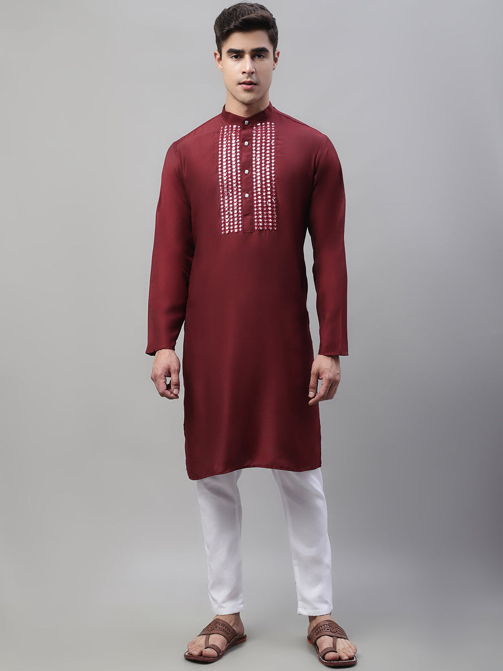 Jompers Men's Maroon Cotton Silk Mirror Work Kurta