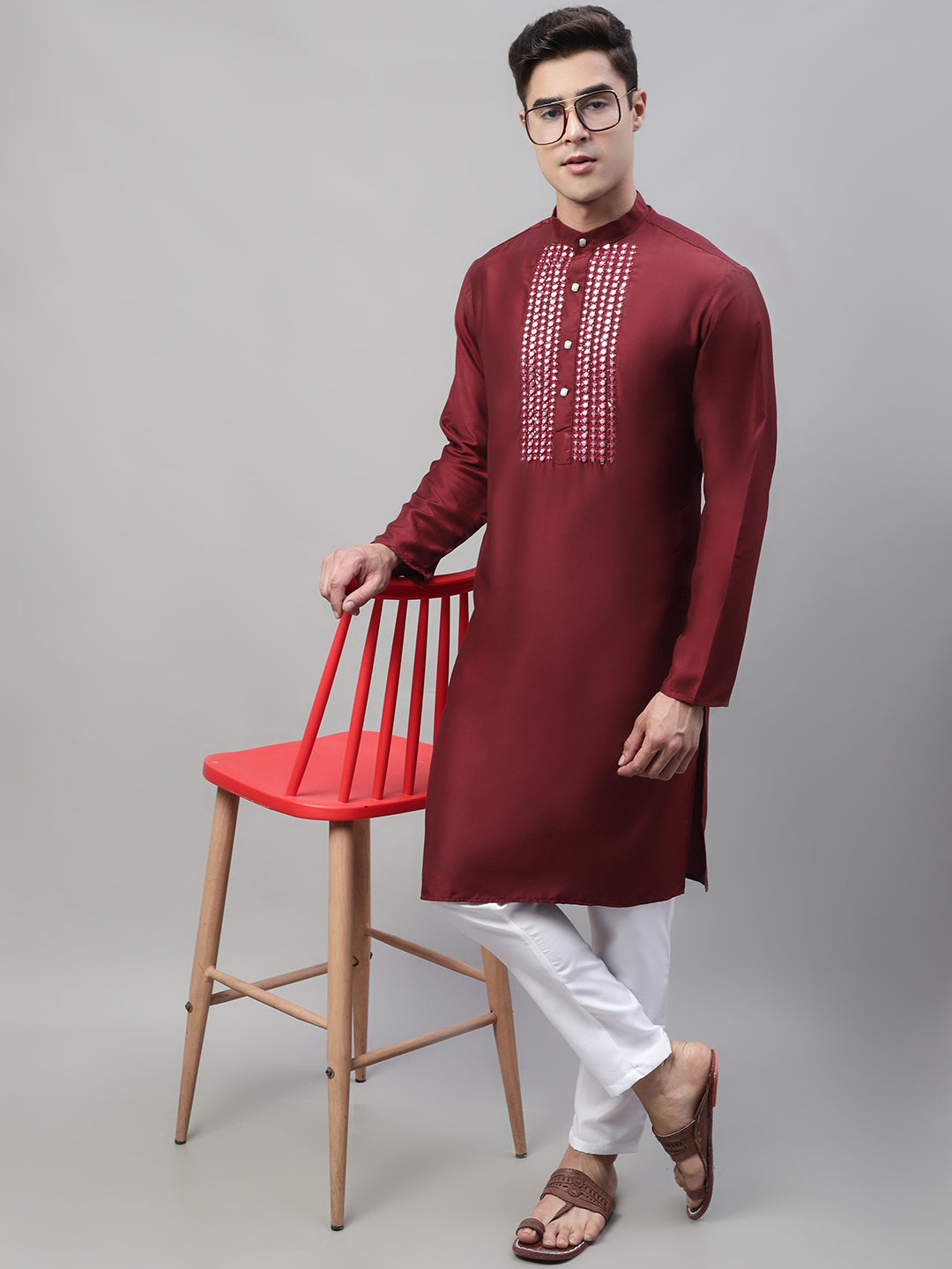 Jompers Men's Maroon Cotton Silk Mirror Work Kurta