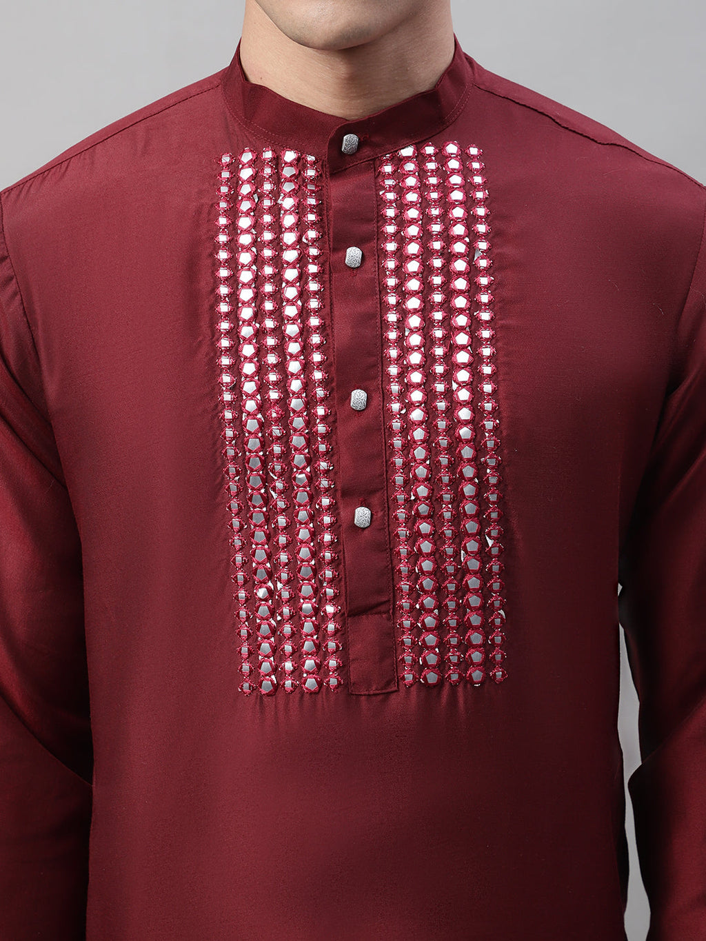 Jompers Men's Maroon Cotton Silk Mirror Work Kurta