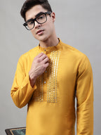 Jompers Men's Mustard Cotton Silk Mirror Work Kurta