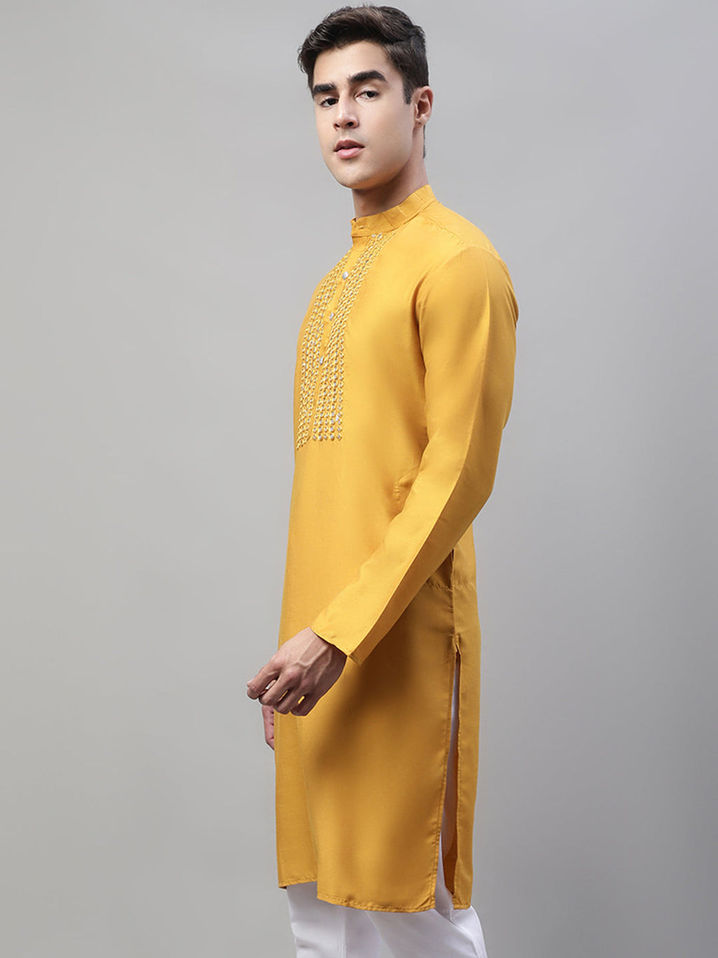 Jompers Men's Mustard Cotton Silk Mirror Work Kurta