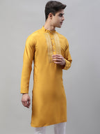 Jompers Men's Mustard Cotton Silk Mirror Work Kurta