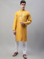 Jompers Men's Mustard Cotton Silk Mirror Work Kurta