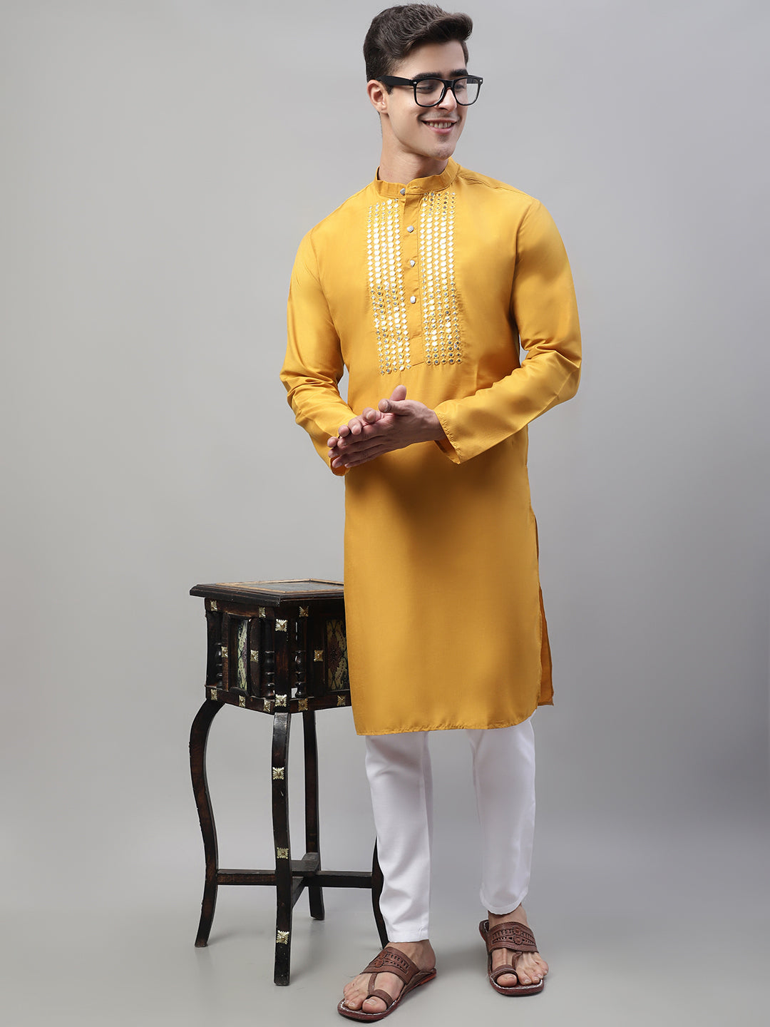 Jompers Men's Mustard Cotton Silk Mirror Work Kurta