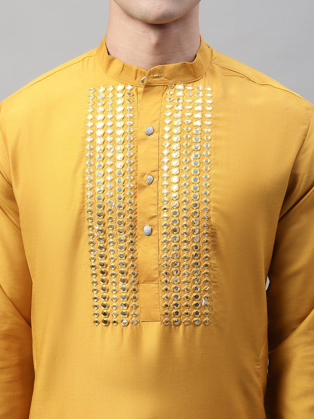 Jompers Men's Mustard Cotton Silk Mirror Work Kurta