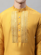 Jompers Men's Mustard Cotton Silk Mirror Work Kurta
