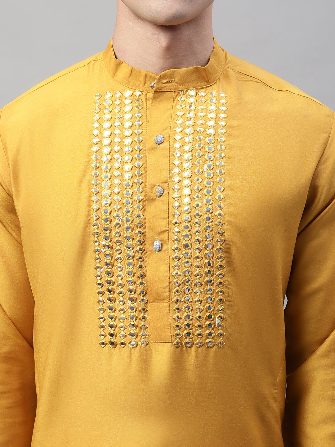Jompers Men's Mustard Cotton Silk Mirror Work Kurta