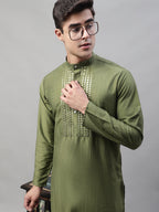 Jompers Men's Olive Green Cotton Silk Mirror Work Kurta