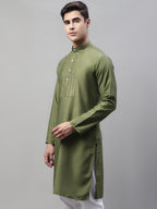 Jompers Men's Olive Green Cotton Silk Mirror Work Kurta