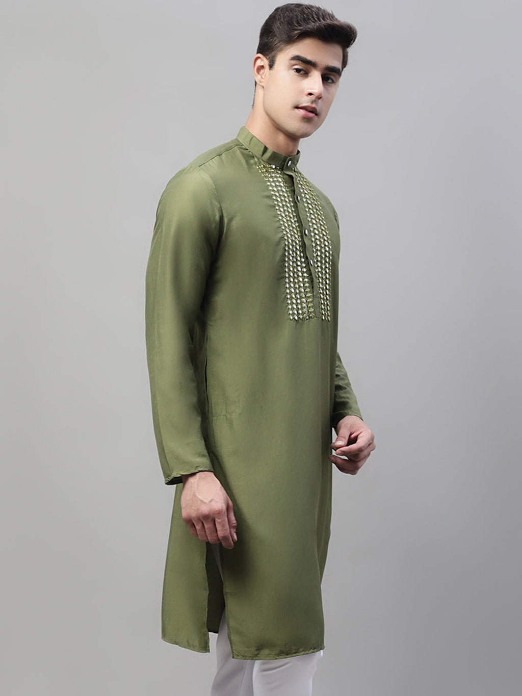 Jompers Men's Olive Green Cotton Silk Mirror Work Kurta
